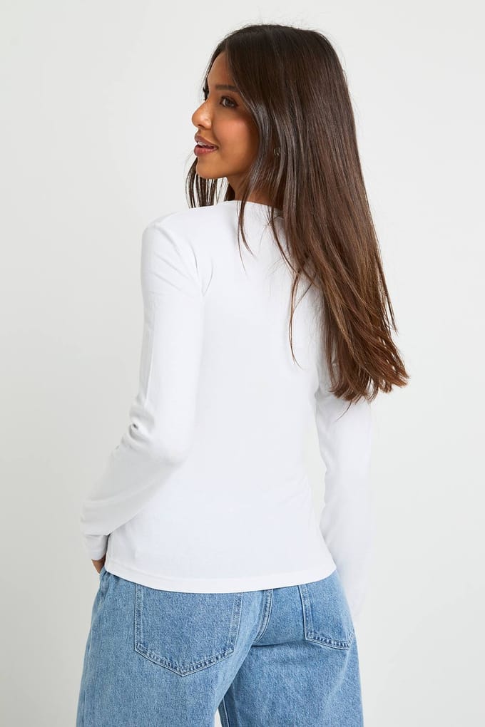 boohoo Dames Top met lange mouwen, aansluitend en lang gesneden | Wit | Maat: 38