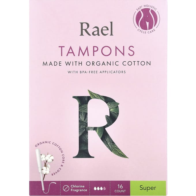 Rael, Tampons en Coton Biologique, Super, Sans Parfum, Lot de 16 white
