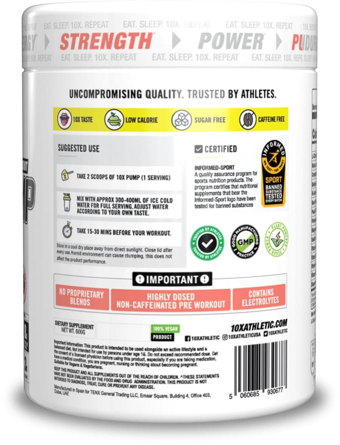 10X - Athletic - PUMP - Stim free - No Caffeine Pre workout - Peach Purge - Perzik