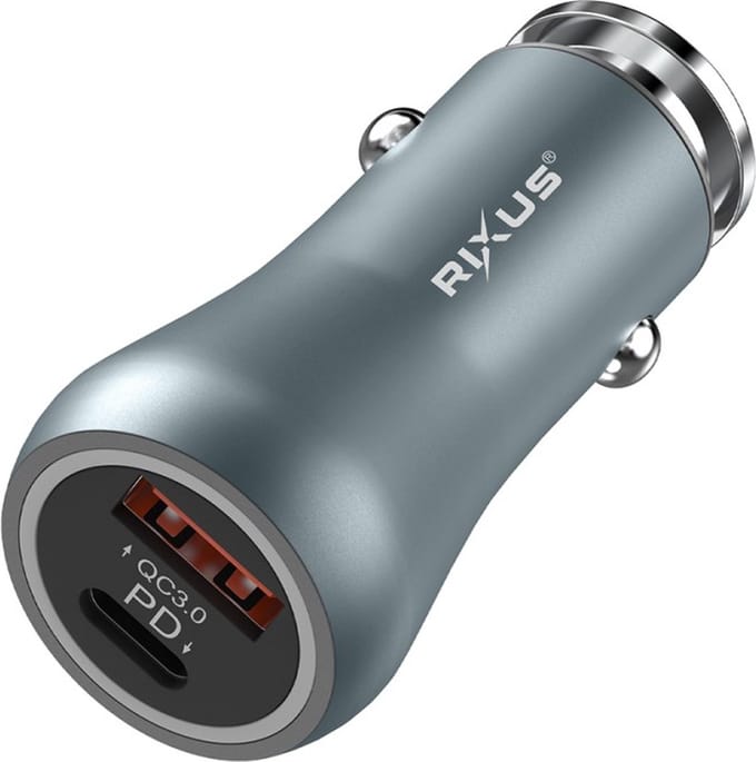 Rixus Ultra Fast Car Charger - 38W Dual-Port for USB-C and USB-A