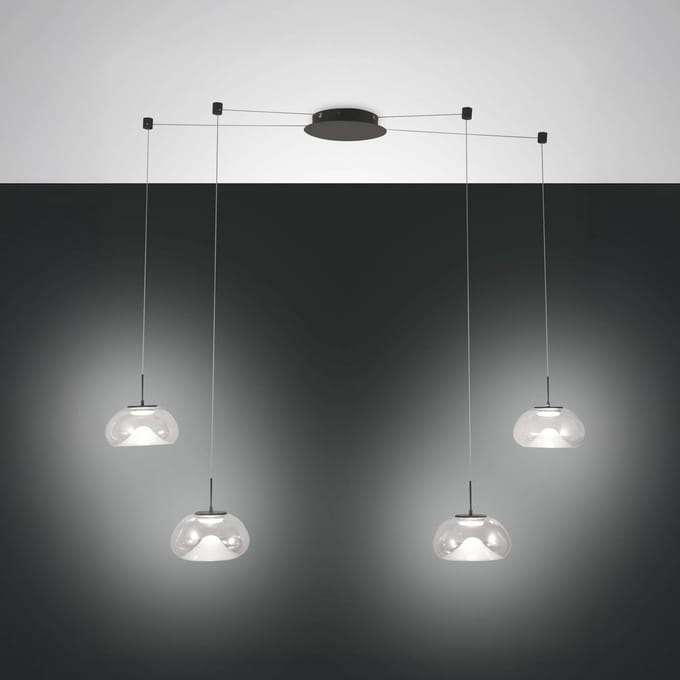 Fabas Luce LED hanglamp Brena, 4-lamps, helder, glas, CCT, dimbaar