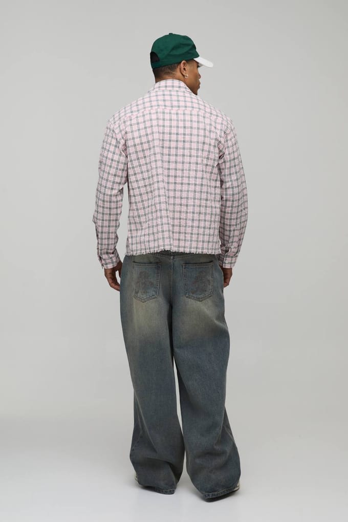 Oversized Boxy Geruit Overhemd Met Ruwe Zoom | Pink | Size Medium