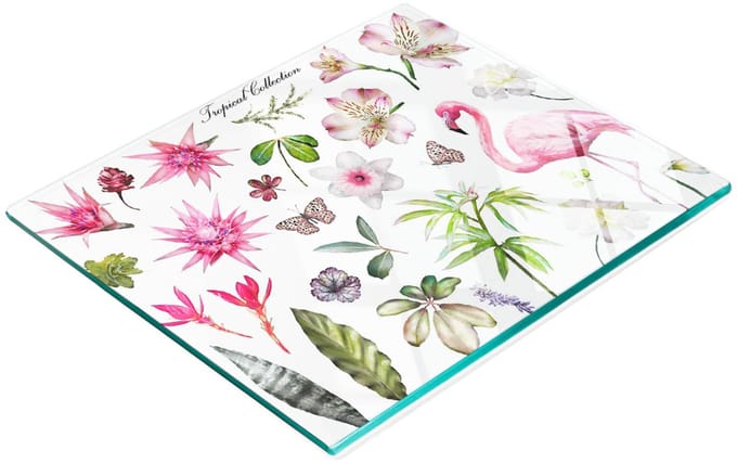 Glazen keukensnijplank met afbeeldingen uit de Tropical Collection, 60x52 cm