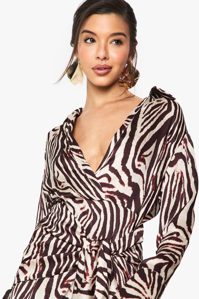 boohoo Dames Zebra Satijn Wrap Rok Blouse Jurk | Brown | Maat: 8