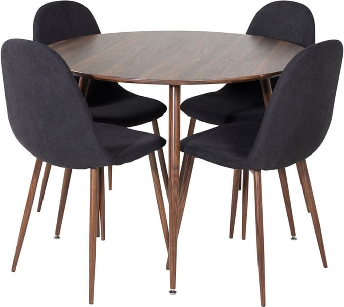 PlazaWA100 eethoek eetkamertafel Okkernoot decor en 4 Polar eetkamerstal zwart.
