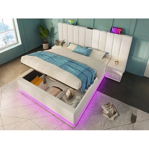 ModernLuxe Gestoffeerd opbergbed in kunstleer 180×200cm - met LED en opladen - met lattenbodem - Wit