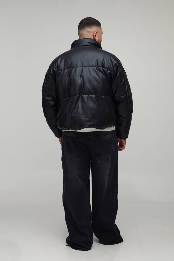 Plus Boxy Curved Hem PU Puffer Jacket | Black | Size 3XL