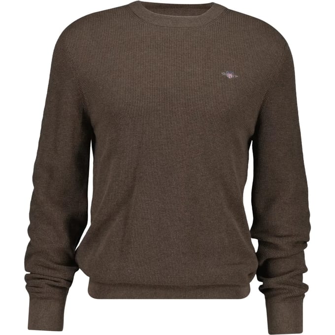 Gant Trui Solid Color Micro Textured Cotton Crew Neck Dark Hazelnut Melange / male