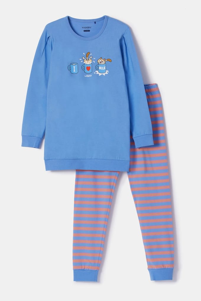 Woody Meisjes-Dames pyjama blauw - maat 152/12J