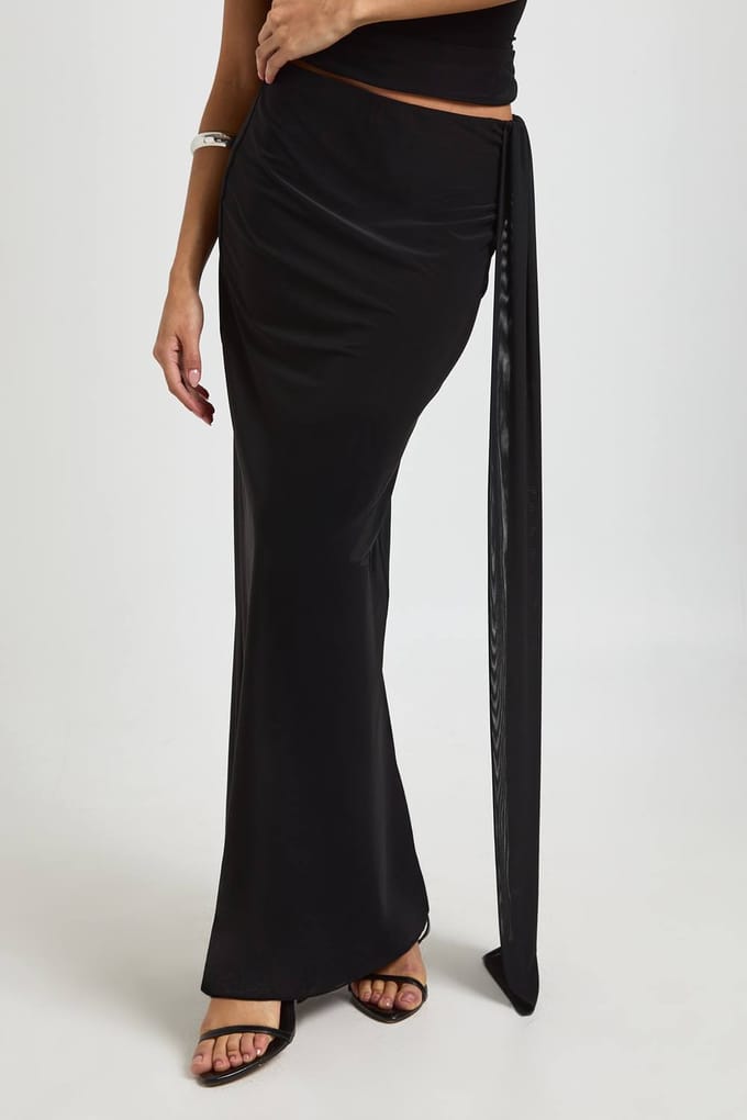 boohoo Dames Slinky Maxi Rok Met Mesh Drapering | Black | Maat: 14