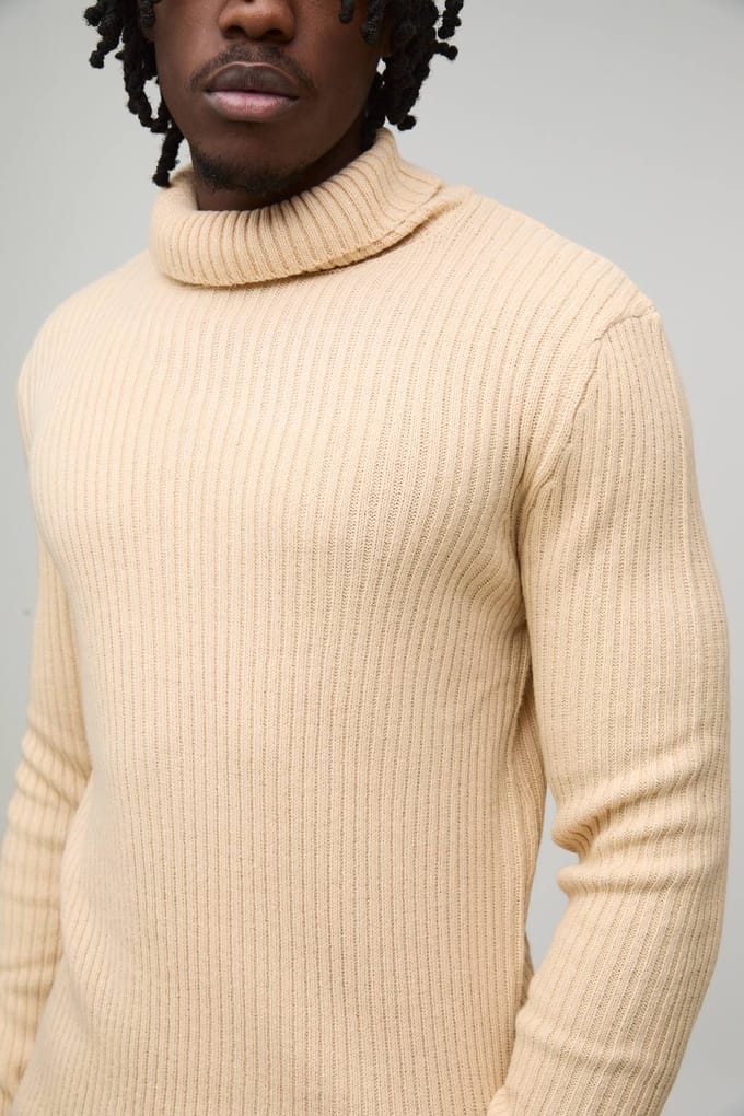 Tall Essential Muscle Fit Ribbed Roll Neck Jumper | Sand | Size Medium
