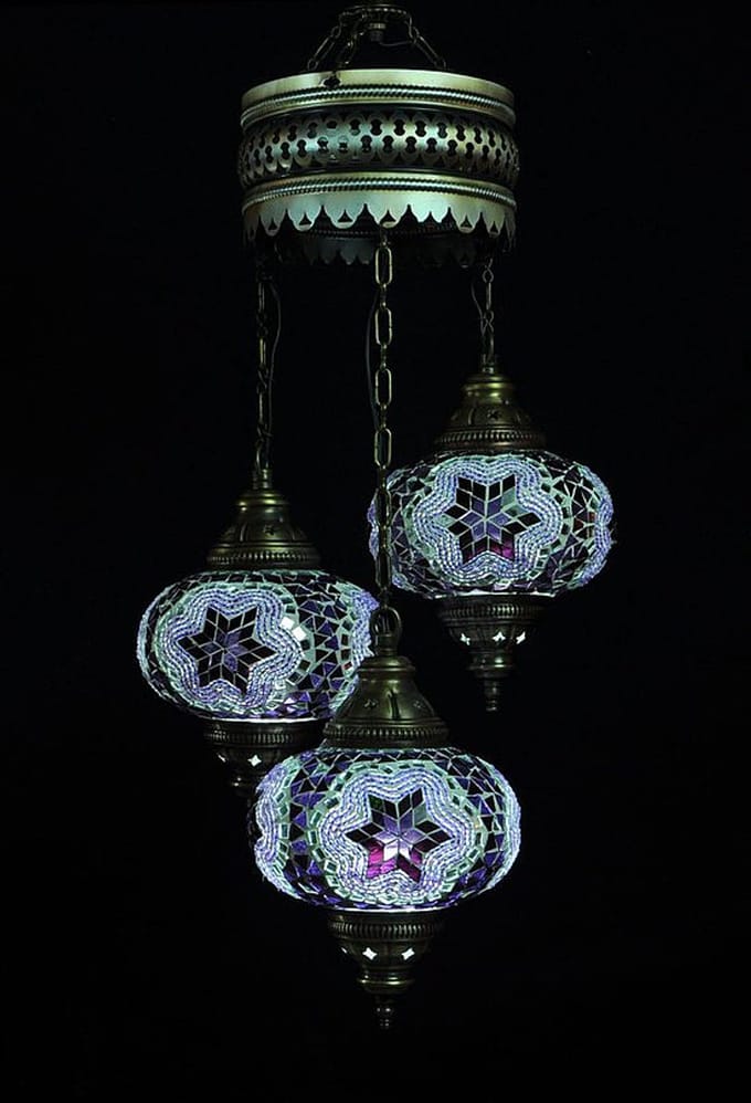 Turkse lamp - hanglamp paars - 3 bollen - mozaïek glas - handgemaakt 80 cm