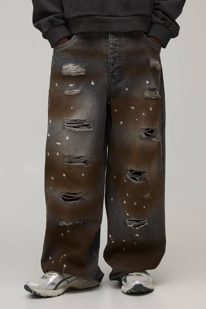 Super Baggy Jeans Met Verfspetters, Distressed En Scheuren | Washed Charcoal | Size 32