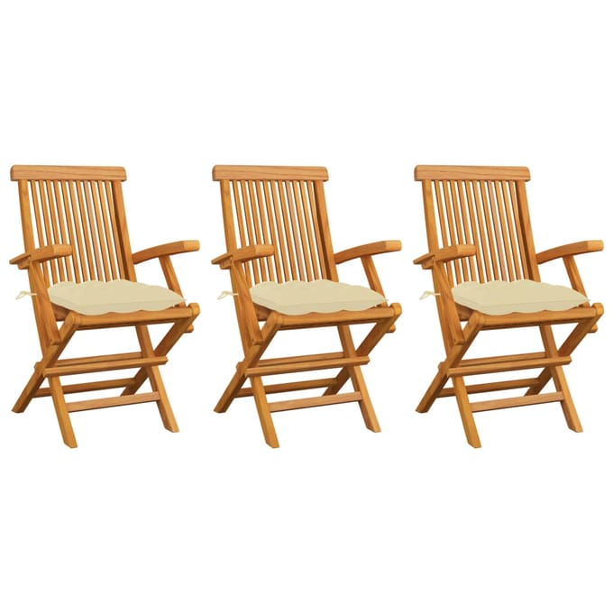 vidaXL - Inklapbare - stoelen - 3 - st - met - crèmewitte - kussens - massief - teakhout
