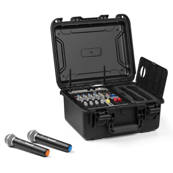 Vonyx VMA106 Mixer in stevige flightcase - Met 2 UHF draadloze microfoons - Alles-in-één systeem