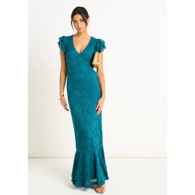 Teal Jersey Kanten V-hals Maxi Jurk met Ruches