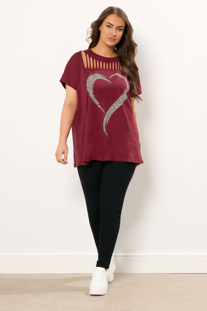 Yours Bordeauxrode Luipaardprint Top Met Hartvormige Streepdetail Size 54-56