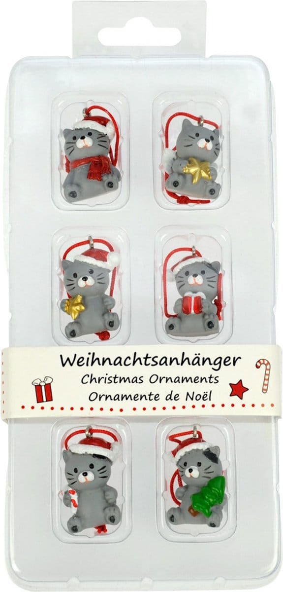 Kerstornament Kat - Set van 6 - 2,5 x 1,5 x 1,5 cm