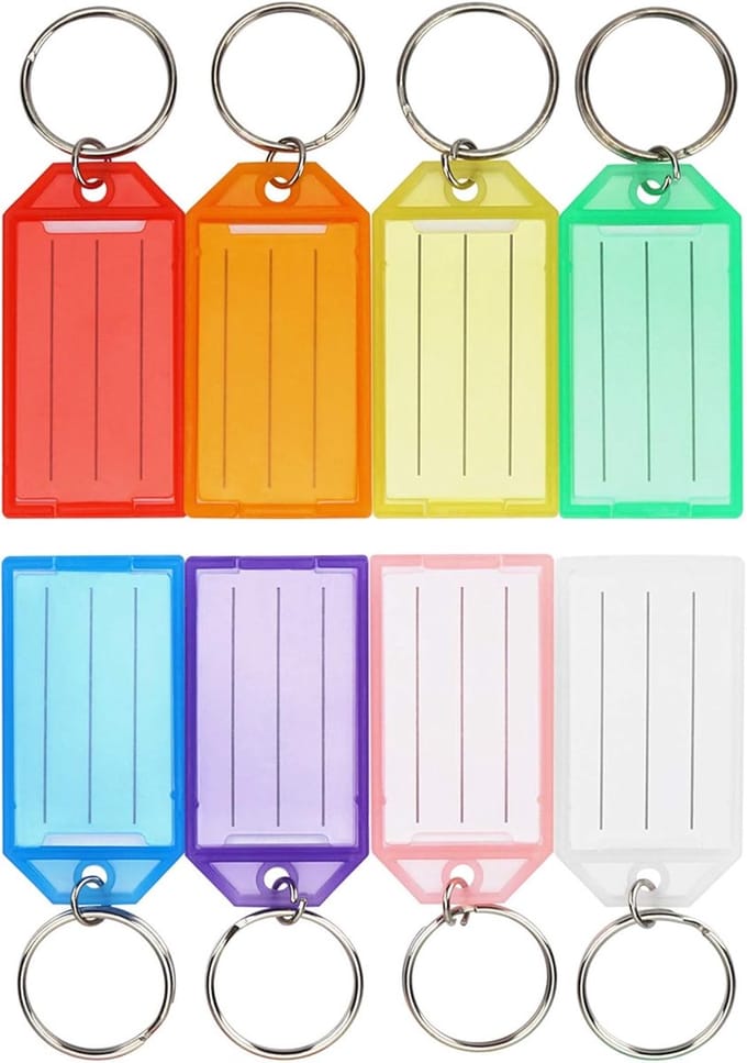 16 stuks plastic sleutelhangers, sleutellabels met ring en labelvenster, 8 kleuren