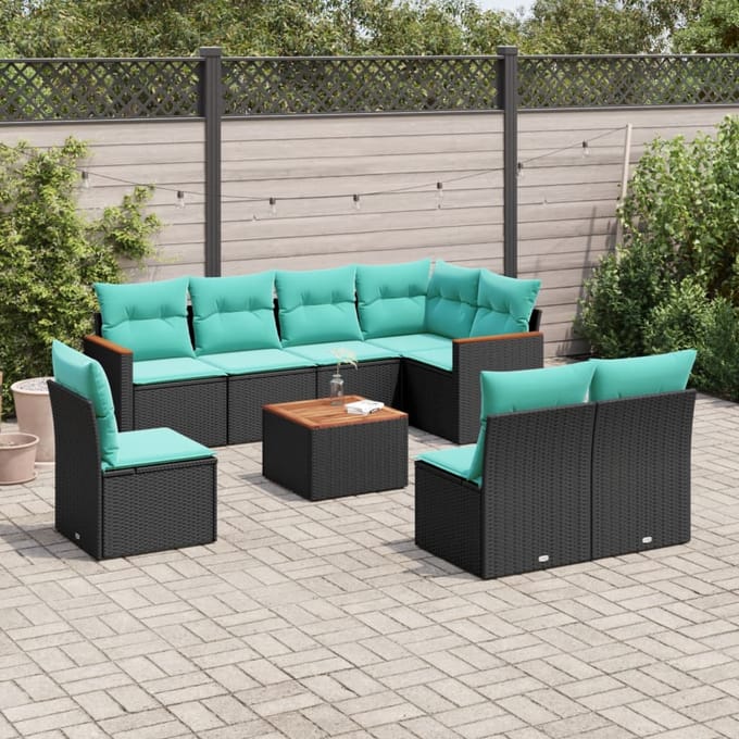 vidaXL - 9-delige - tuinbankset - met - kussens - van - zwart - polyrotan