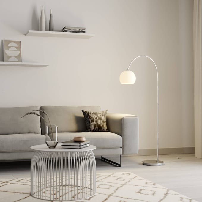 Lindby - booglamp - 1licht - Metaal, glas - H: 140 cm - E27 - nikkel mat, opaalwit