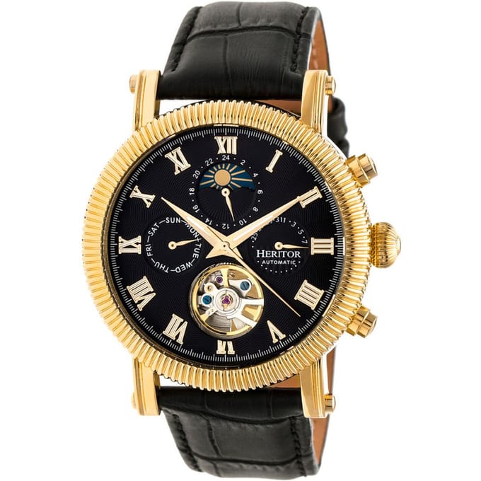Heritor Automatic Winston Semi-Skelet Horloge met Leren Band - Goud/Zwart