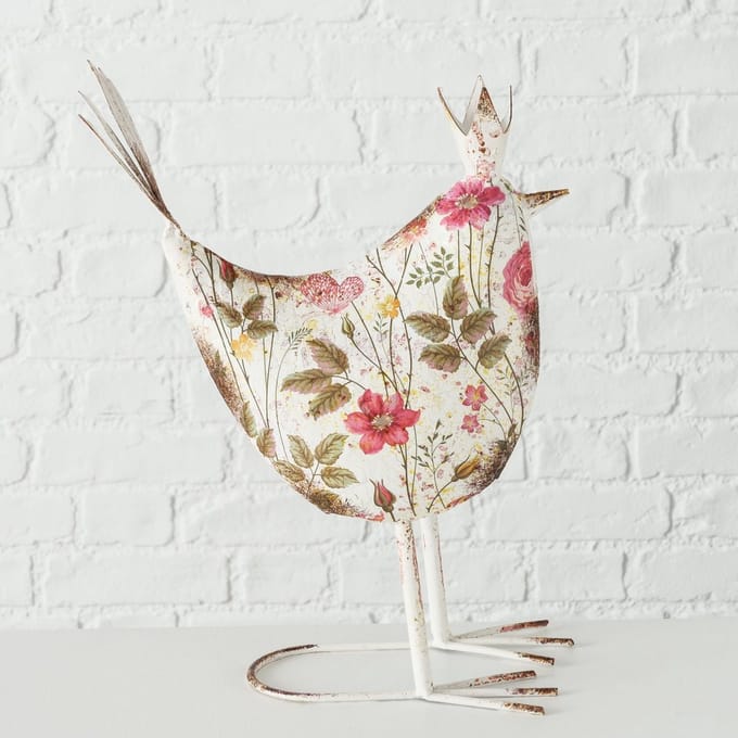 Metalen beeld van een gebloemde vogel met kroontje