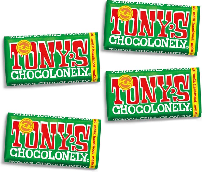 Tony's Chocolonely Melk Hazelnoot Chocolade Reep 4 x 180 gram Chocolade