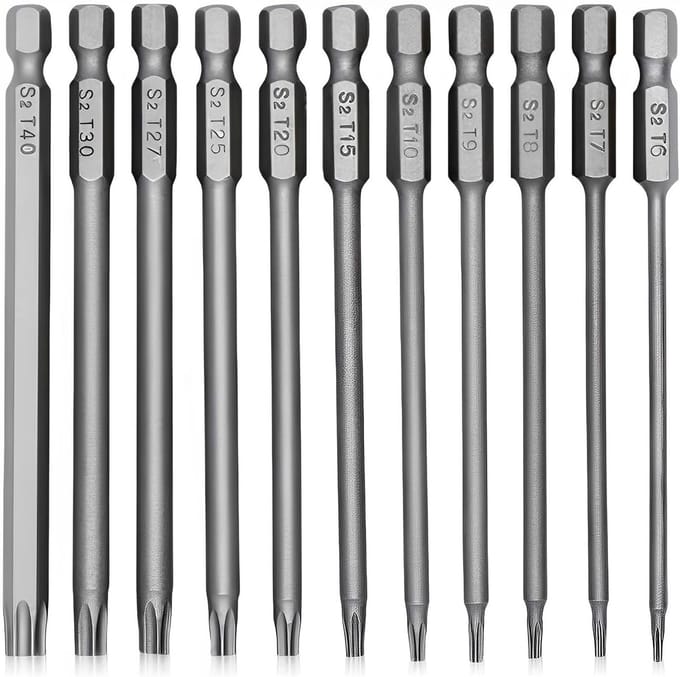 11Pcs Torx Schroevendraaier Bits - Hakkin Staal 100mm T6-T40 - Lange Magnetische Ster Torx Beveiliging Schroevendraaier Bits Set 1/4 Hex Shank