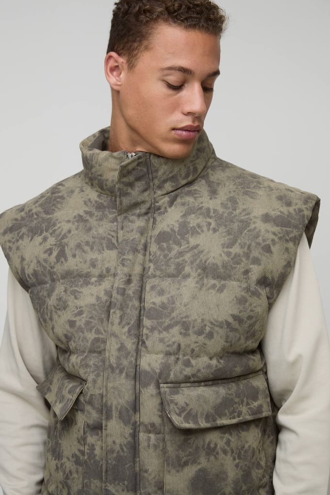 Lange gewassen cord oversized pufferjas met trechterkraag | Khaki | Size Medium