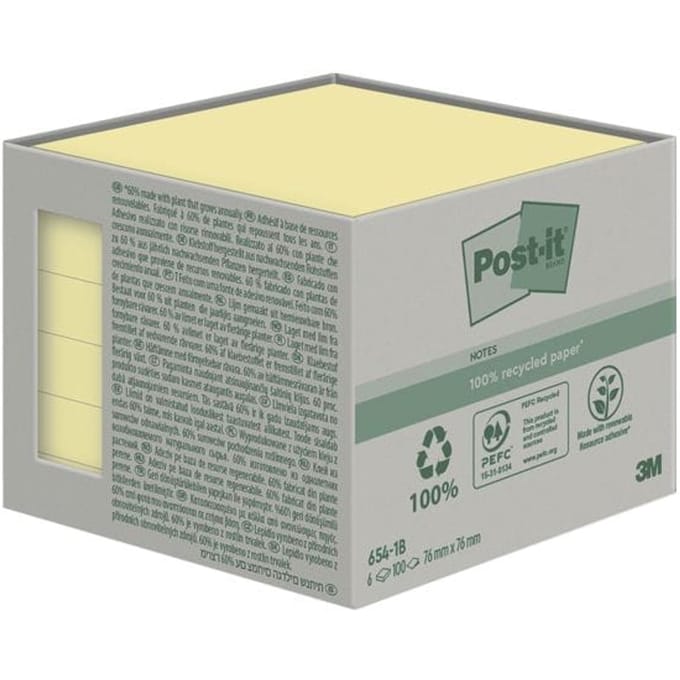 POST-IT notitieblaadjes, gerecycled papier, 76 mm x 76 mm, 6 x 100 vellen, geel
