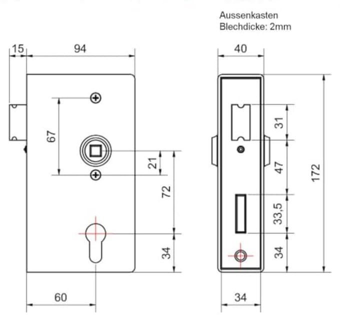 Slotkast 40 mm voor tuindeuren - Complete set met drukknop en cilinder