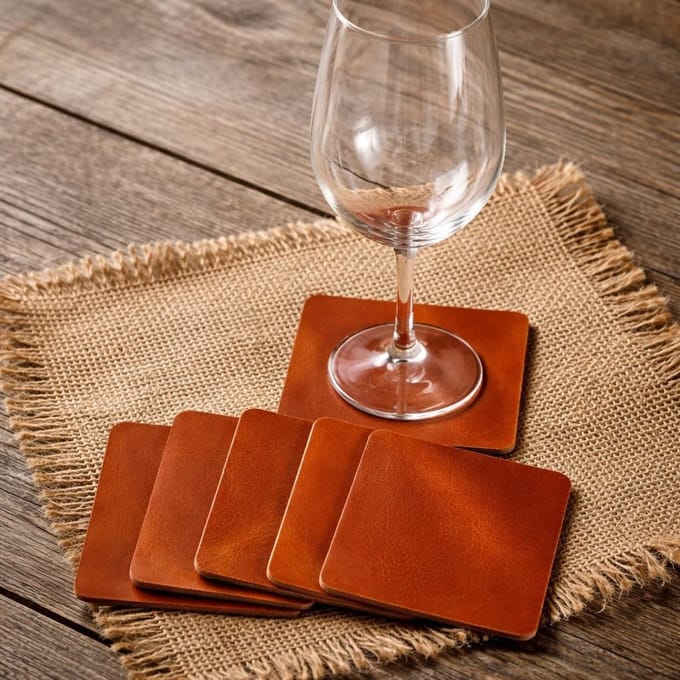 leren onderzetters Cognac VIERKANT set van 6 stuks