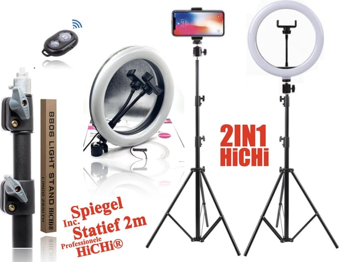 HiCHi® Ringlamp met Statief 2m hoog en Spiegel - Ringlampen 10 Inch - 30 lichtstanden - Ringlight - Ring Lamp