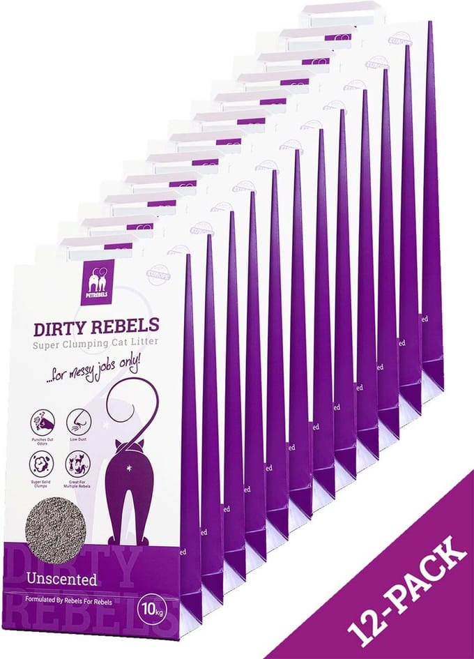 Dirty Rebels kattenbakvulling GEURLOOS - 12-pack (12x10 L) - extreem snel klontvormend