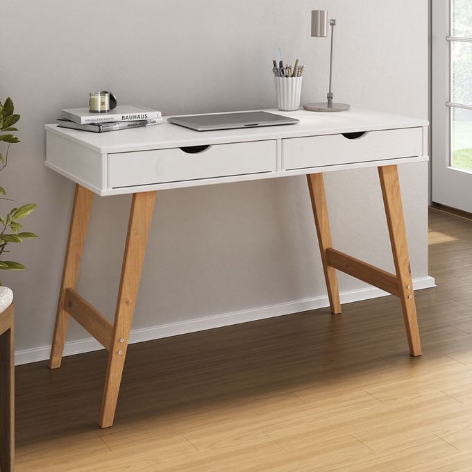 MILO-bureau met 2 lades van massief hout - wit/eiken