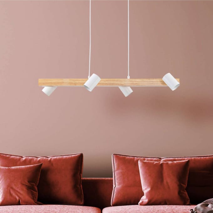 Näve Hanglamp Frida met 4 spots, wit/hout licht