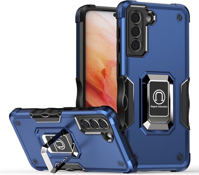 Smartphonica Rugged Armour case voor Samsung Galaxy S22 Plus met verstelbare ringhouder - Blauw geschikt voor Samsung Galaxy S22 Plus