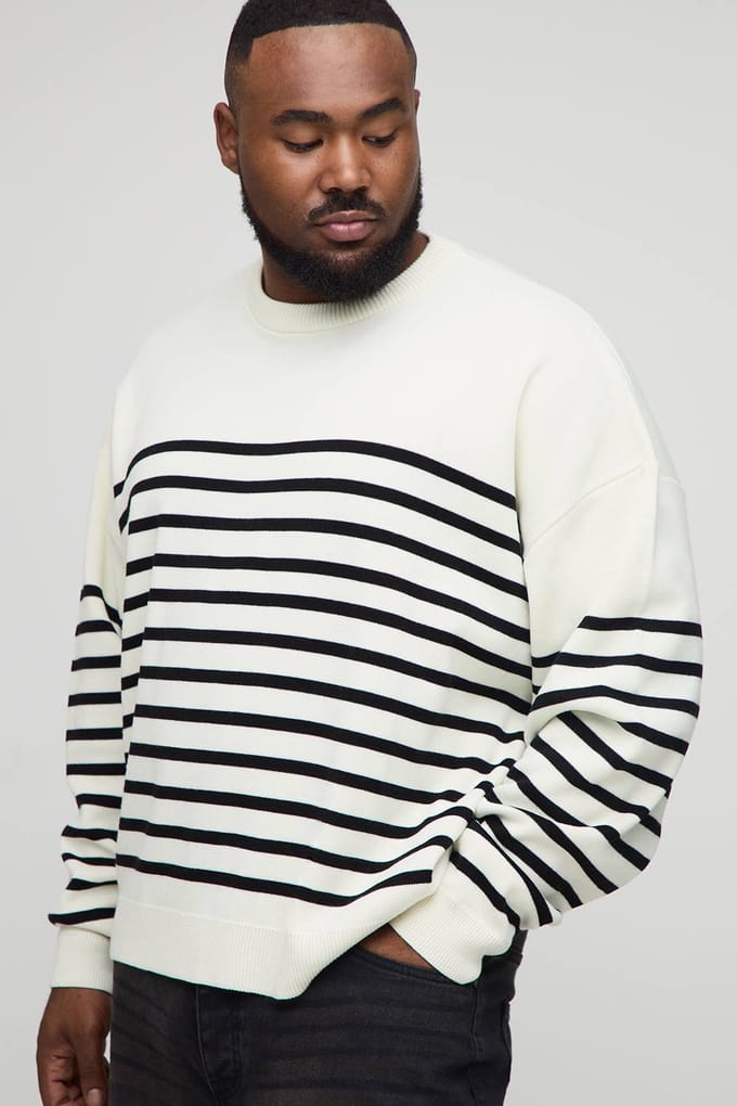 Plus Gebreide Gestreepte Oversized Rondhals Trui | Ecru | Size 2XL