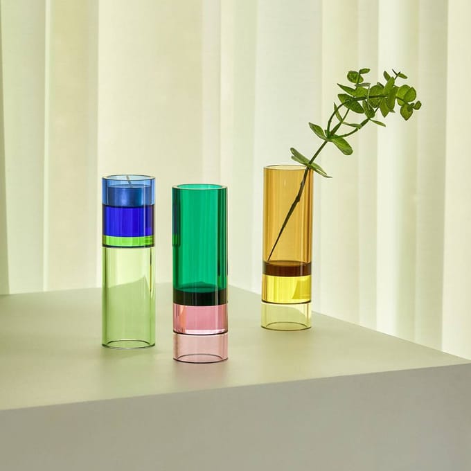 Hübsch Astro theelichthouder, groen/roze, kristalglas, 15 cm
