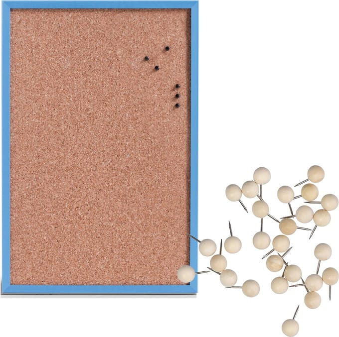 Prikbord incl. 25x punaises - 40 x 60 cm - hout - blauw - kurk