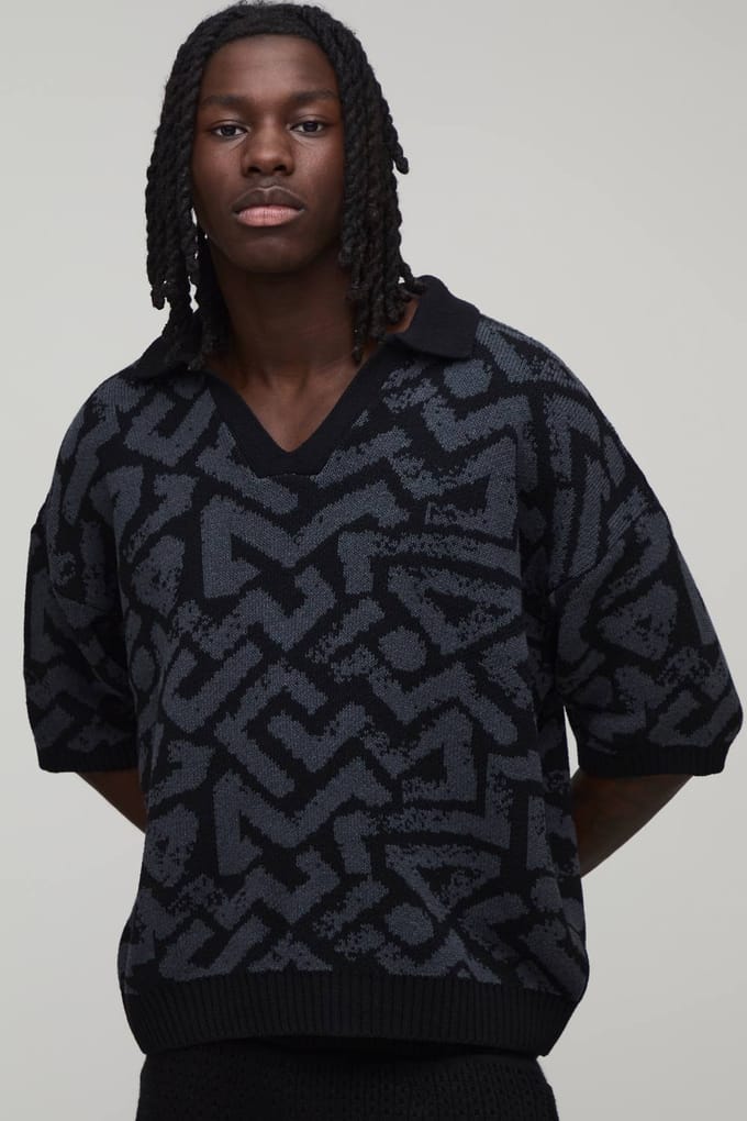Oversized Boxy Polo Met Abstract Jacquard Breipatroon | Charcoal | Size Large