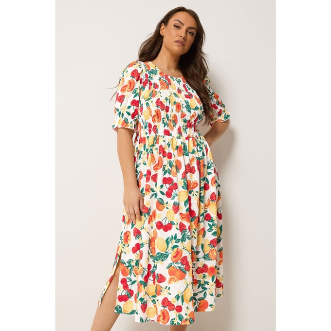 Yours Oranje Jurk Met Smockwerk En Fruitprint Size 44