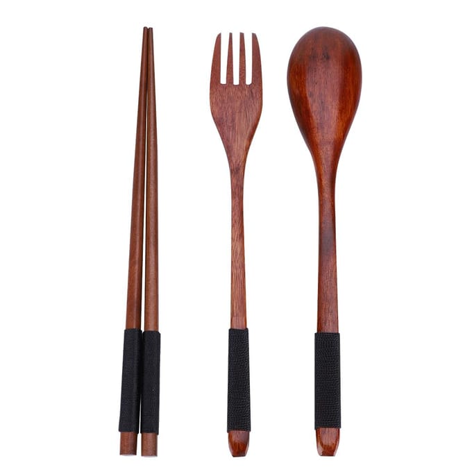 Houten Eetstokjes Lepel Vork Tafelgerei Servies 3-delige Set (met zwarte draad) brown