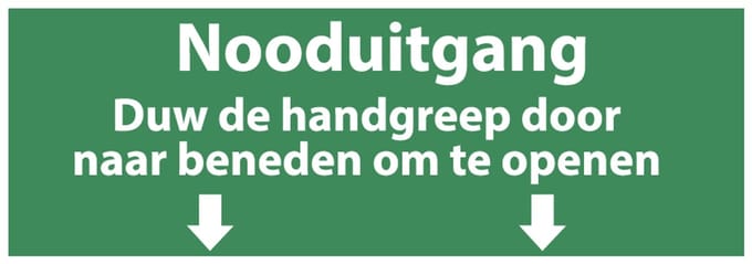 Nooduitgang, duw de handgreep naar beneden sticker met tekst 200 x 75 mm