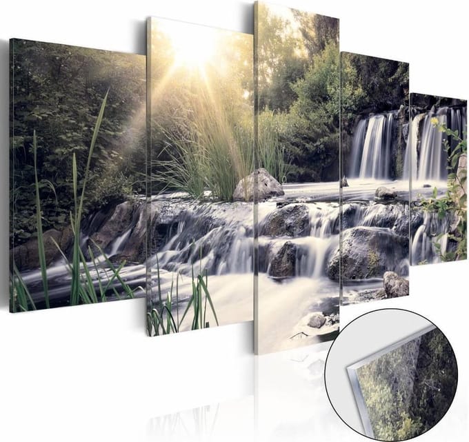 Afbeelding op acrylglas - Waterval van je dromen, Grijs/Groen, 5luik