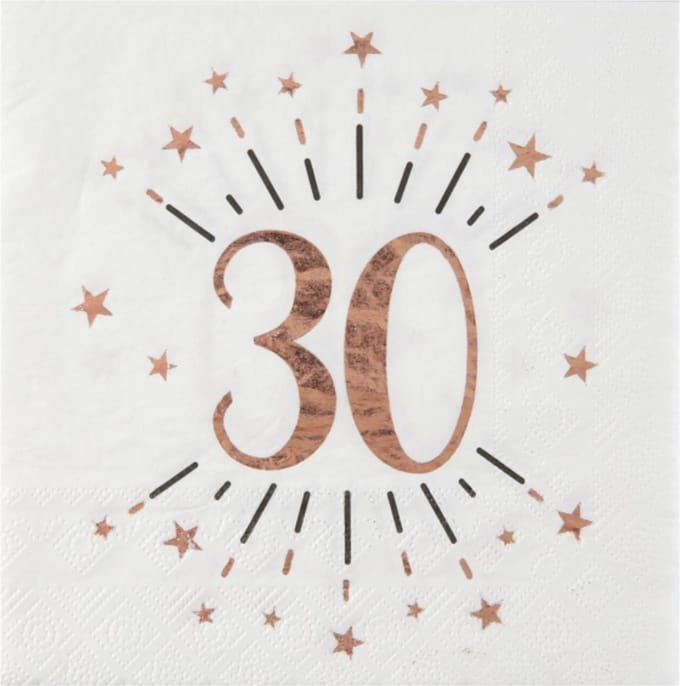 Santex Verjaardag feest servetten leeftijd - 10x - 30 jaar - rose goud - 33 x 33 cm