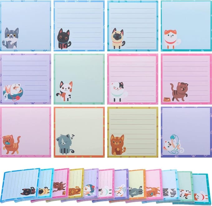 12-pack kattenplaknotities, schattig kattenthema