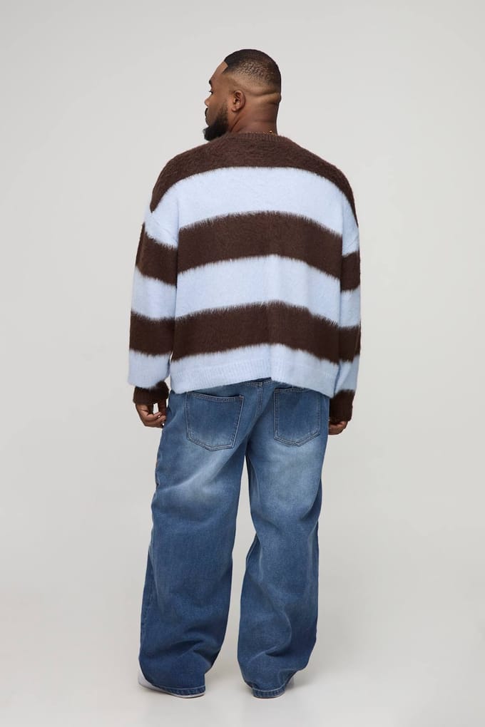 Plus Oversized Boxy Crew Neck Brushed Knit Chunky Stripe Jumper | Chocolate | Size 2XL