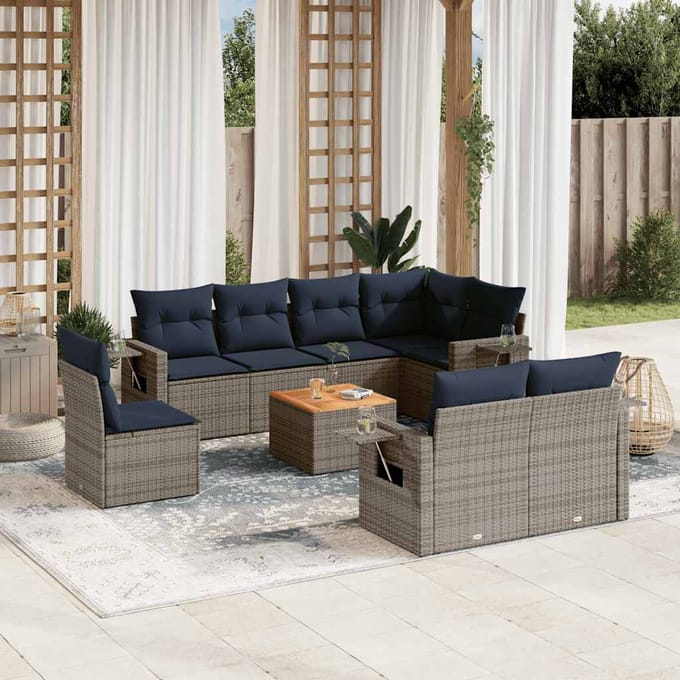 vidaXL - 9-delige - tuinbankset - met - kussens, - grijs - polyrotan